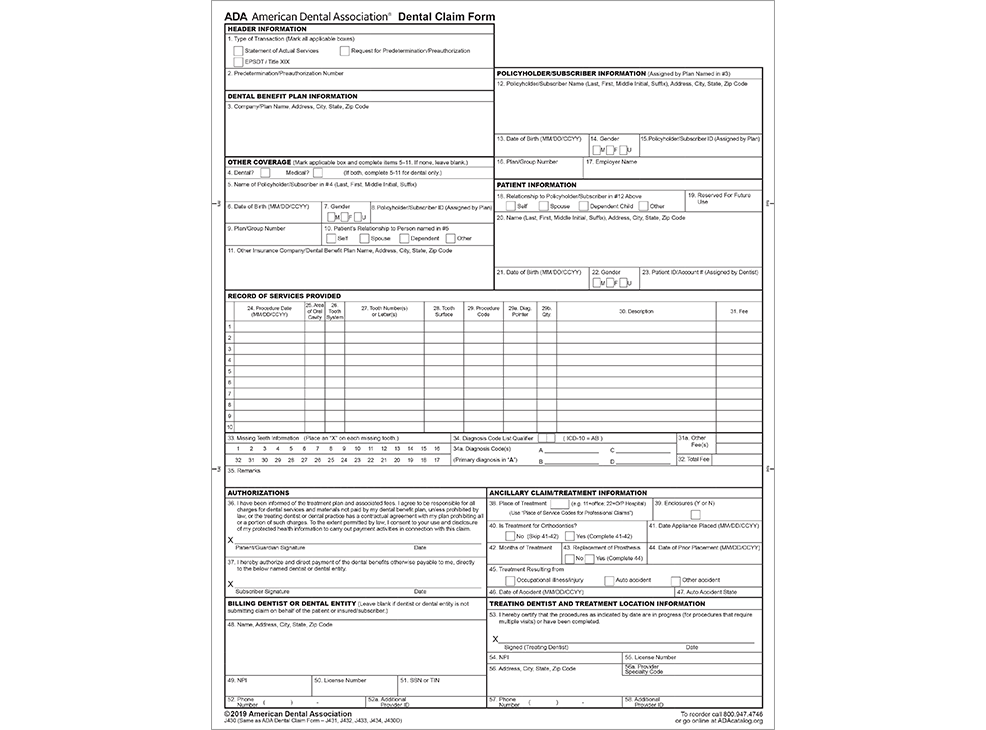 Dental Claim Form, downloadable PDF ADA J430D