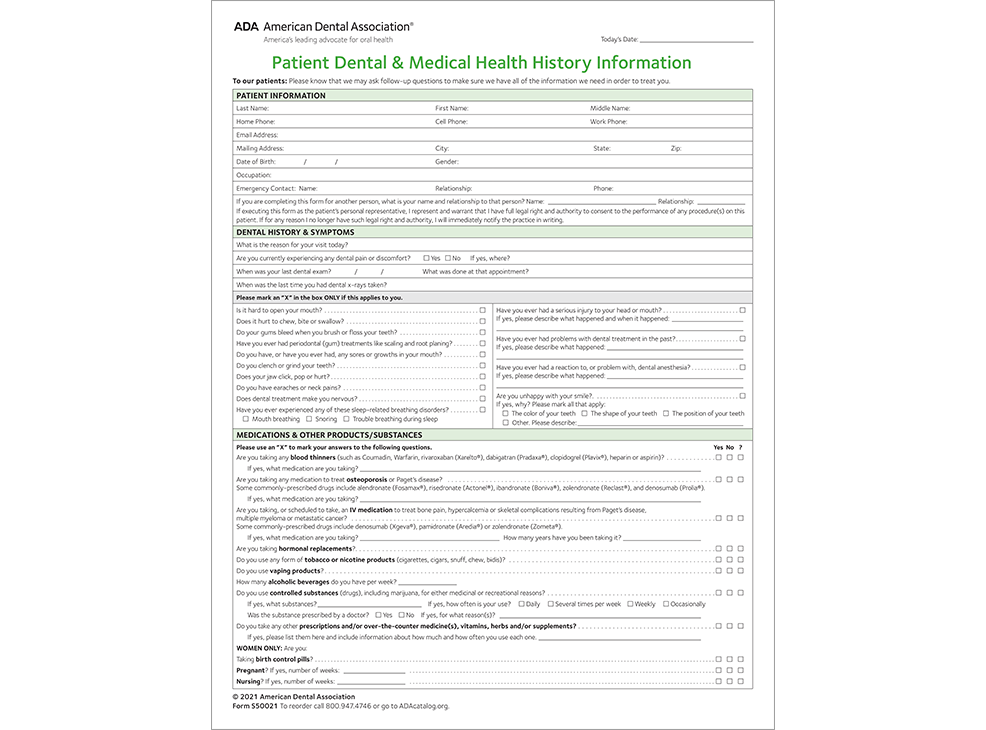 ADA Patient Health History Form Image 0