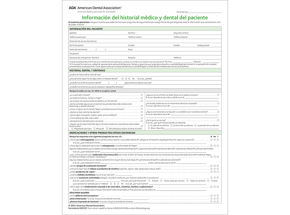 Spanish ADA Patient Health History Form Image 0