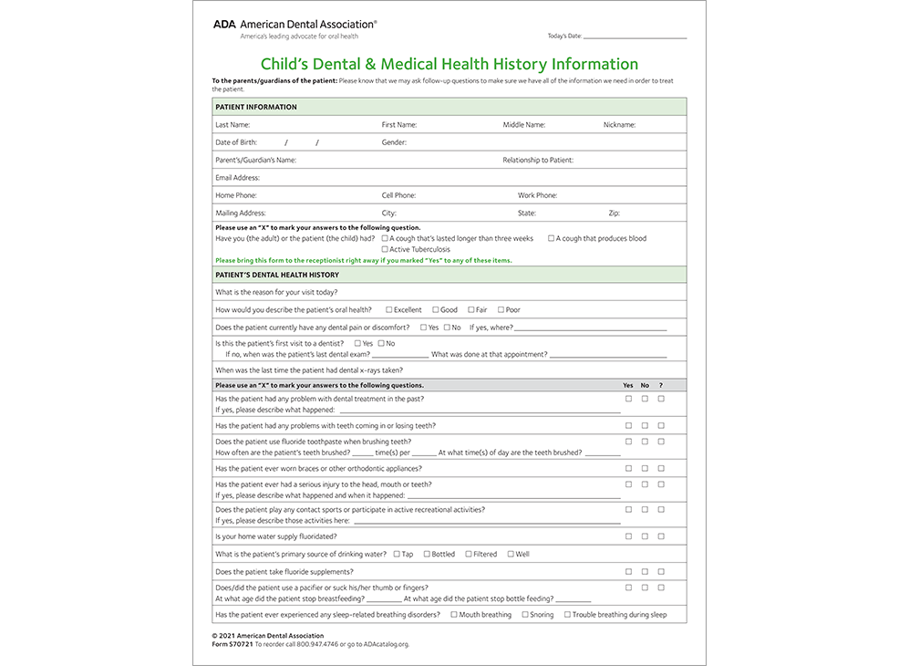 Downloadable ADA Children's Health History Form Image 0