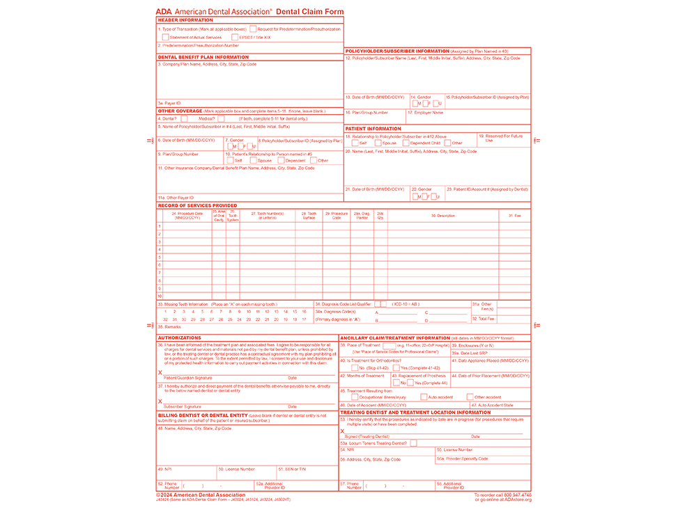 ADA Store J43424 Dental Claim Form (2024 Version), Bond in Red Ink